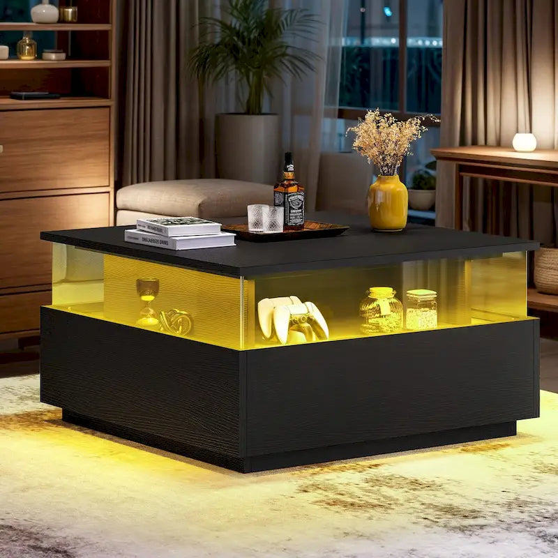 Table basse carrée en bois noir avec lumières LED et tiroirs de rangement