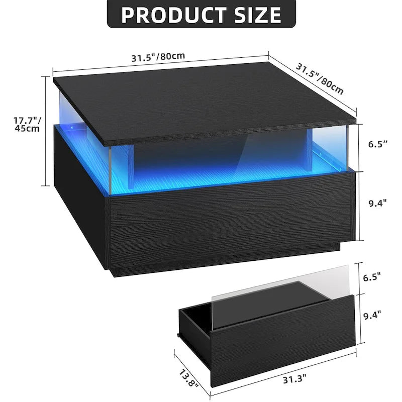 Table basse carrée en bois noir avec lumières LED et tiroirs de rangement