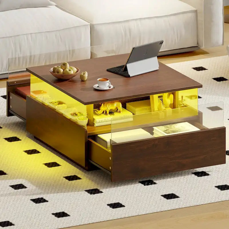Table basse carrée en bois noir avec lumières LED et tiroirs de rangement