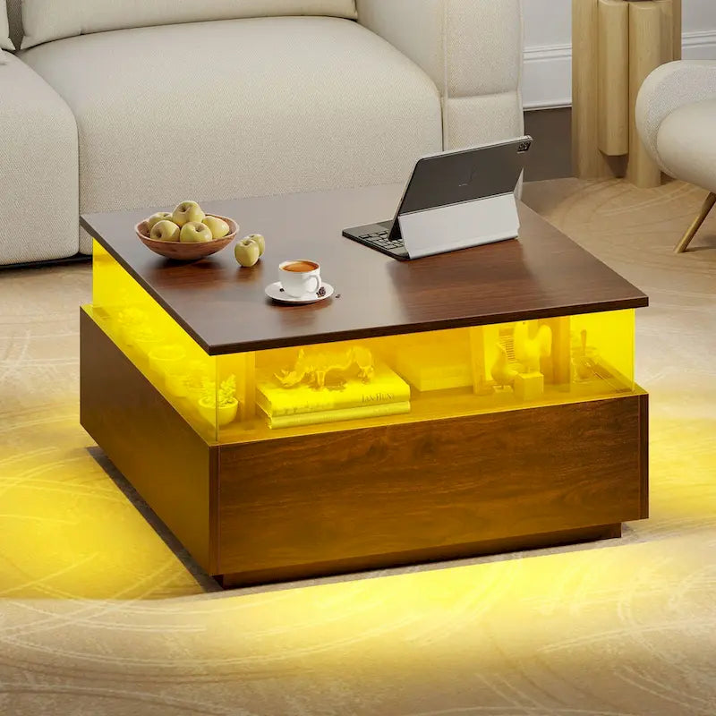 Table basse carrée en bois noir avec lumières LED et tiroirs de rangement