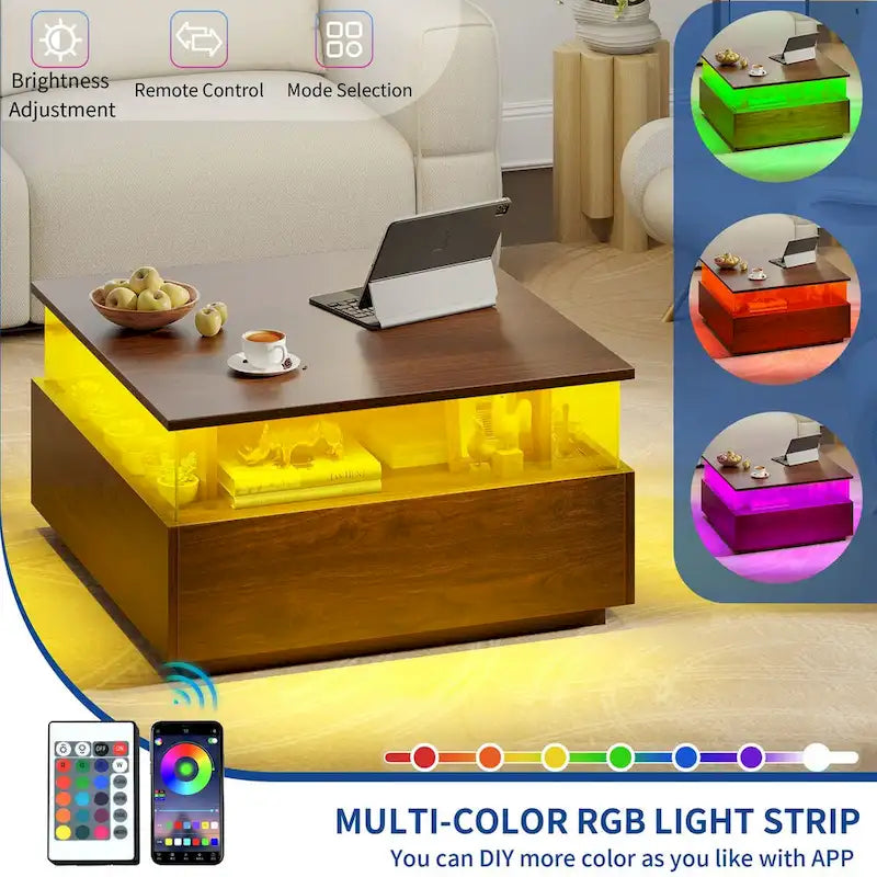 Table basse carrée en bois noir avec lumières LED et tiroirs de rangement