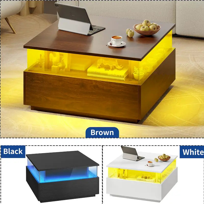 Table basse carrée en bois noir avec lumières LED et tiroirs de rangement