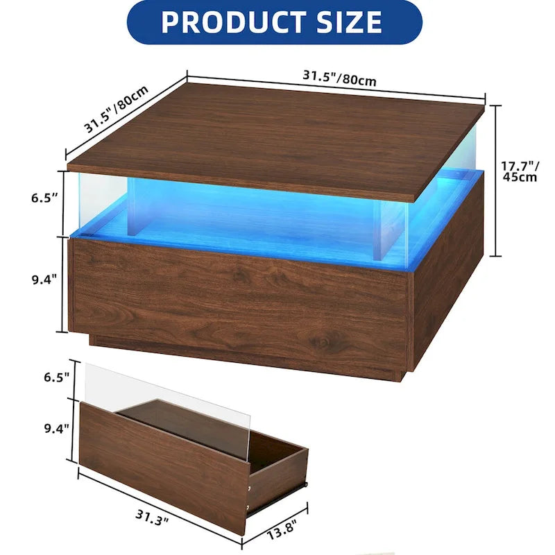 Table basse carrée en bois noir avec lumières LED et tiroirs de rangement