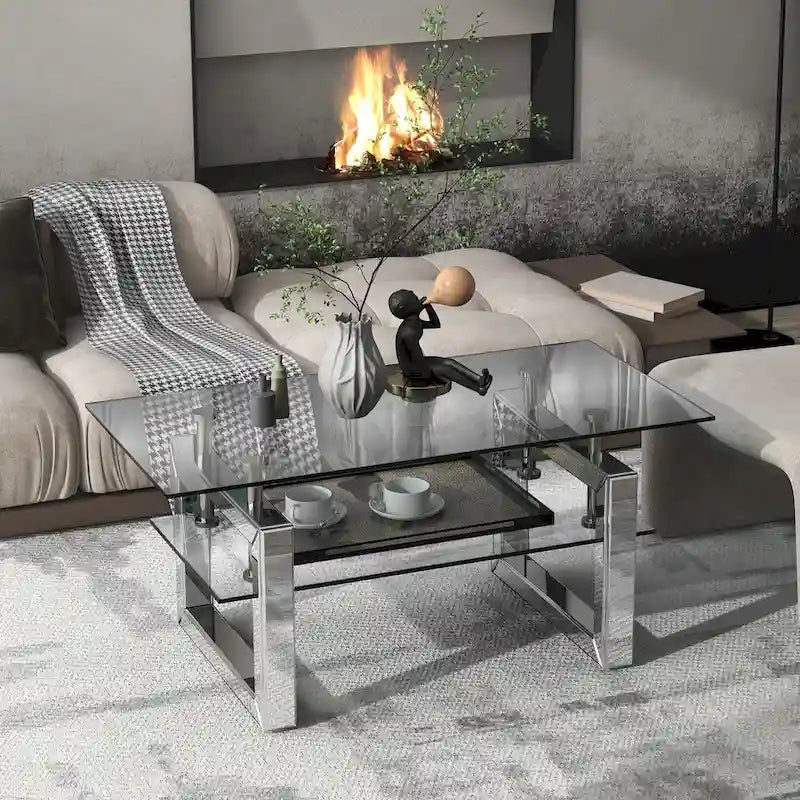 Table basse moderne à deux niveaux en verre trempé transparent avec pieds chromés