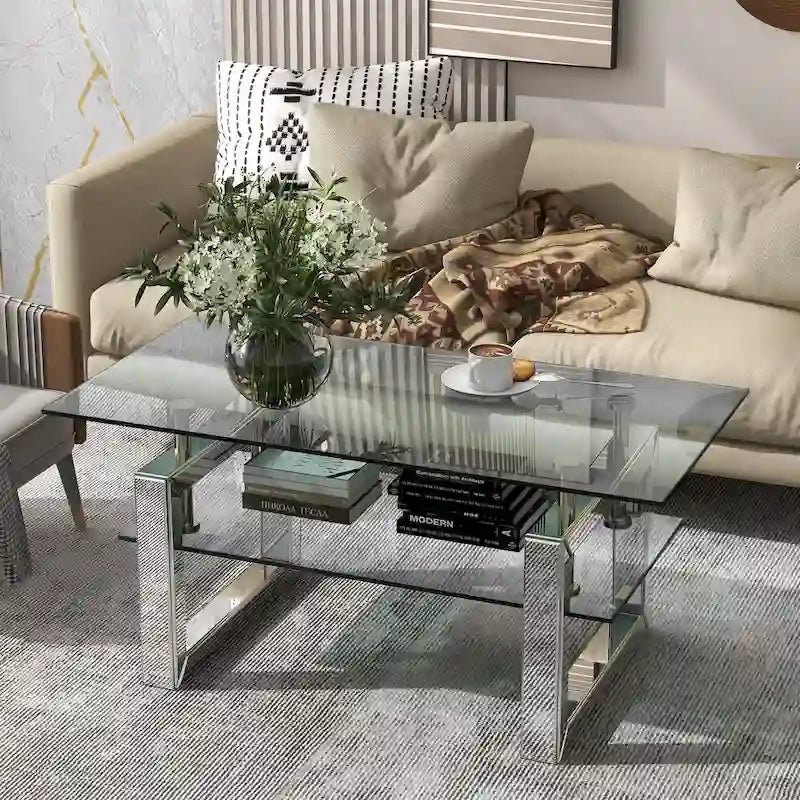 Table basse moderne à deux niveaux en verre trempé transparent avec pieds chromés