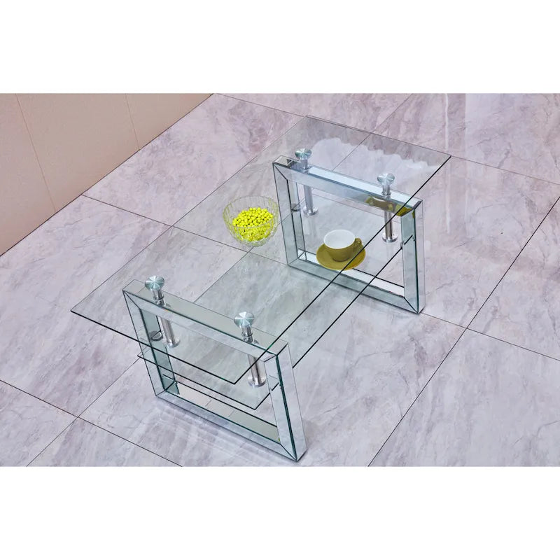 Table basse moderne à deux niveaux en verre trempé transparent avec pieds chromés