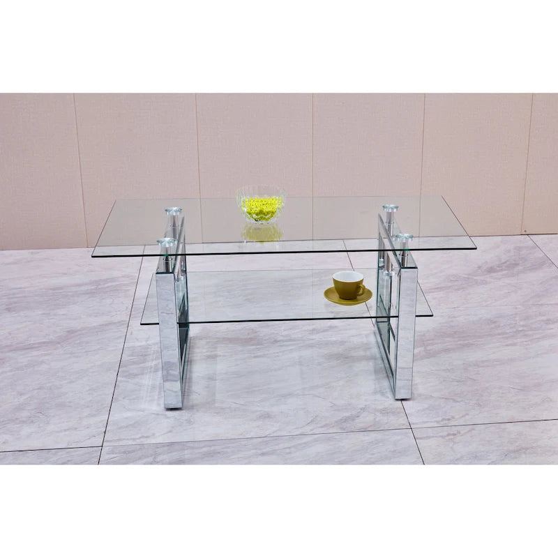 Table basse moderne à deux niveaux en verre trempé transparent avec pieds chromés