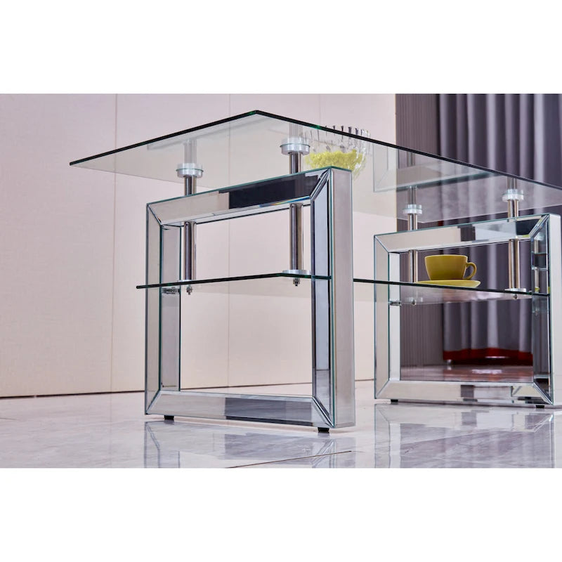 Table basse moderne à deux niveaux en verre trempé transparent avec pieds chromés