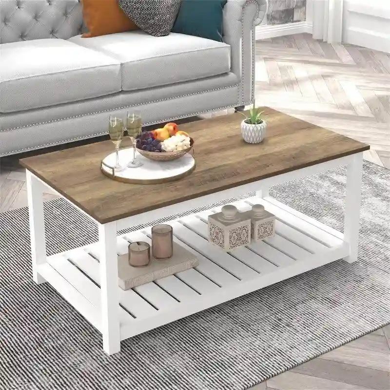Table basse avec étagère de rangement ouverte, cadre blanc et grain de chêne rustique