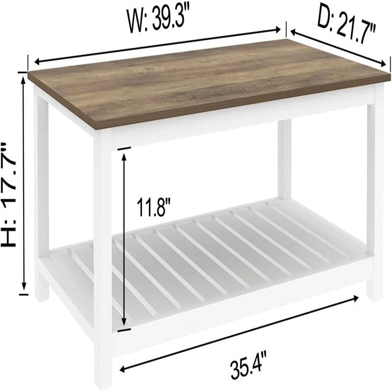Table basse avec étagère de rangement ouverte, cadre blanc et grain de chêne rustique