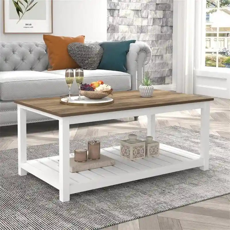 Table basse avec étagère de rangement ouverte, cadre blanc et grain de chêne rustique