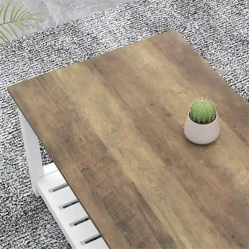 Table basse avec étagère de rangement ouverte, cadre blanc et grain de chêne rustique