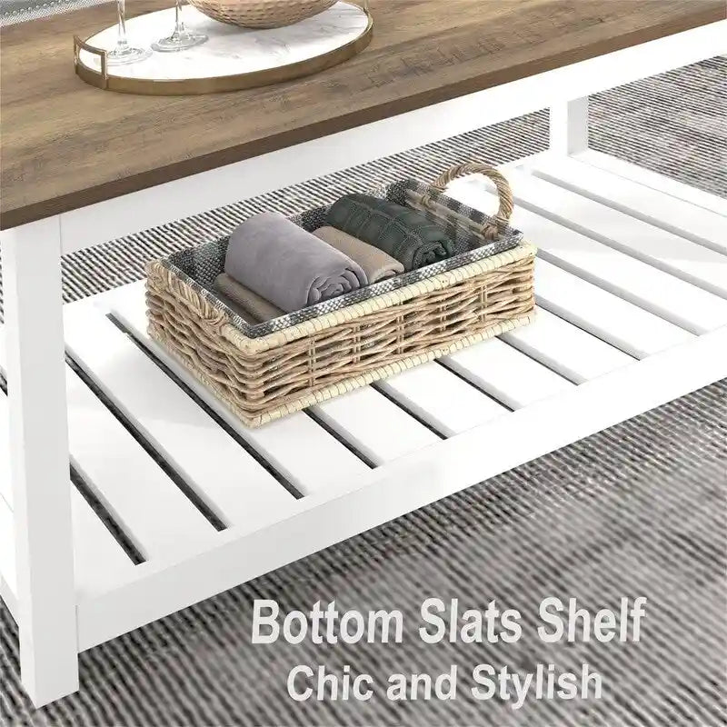 Table basse avec étagère de rangement ouverte, cadre blanc et grain de chêne rustique