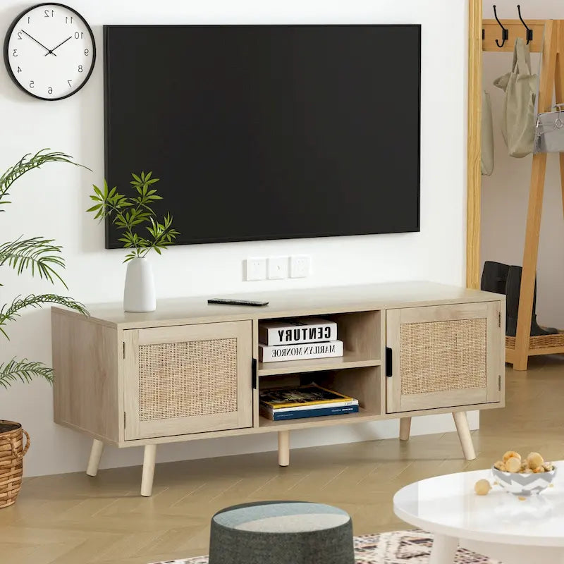 Meuble TV Boho 47" avec Portes en Rotin Chêne Naturel Meuble Console Multimédia