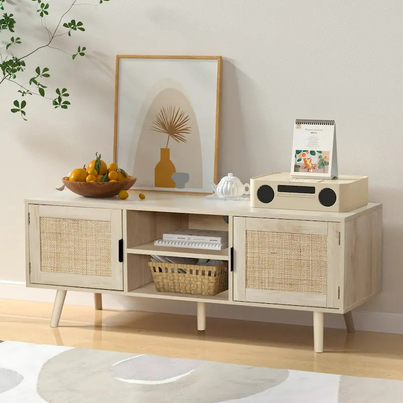 Meuble TV Boho 47" avec Portes en Rotin Chêne Naturel Meuble Console Multimédia