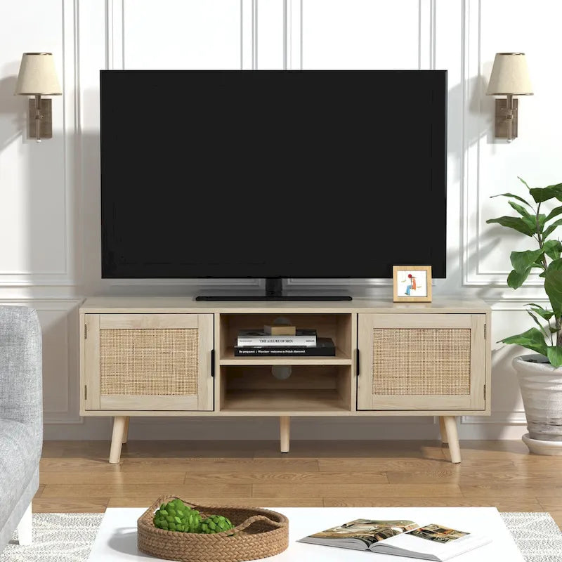 Meuble TV Boho 47" avec Portes en Rotin Chêne Naturel Meuble Console Multimédia