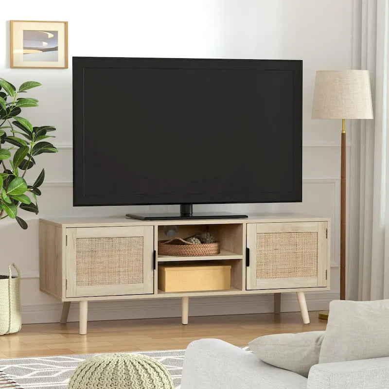 Meuble TV Boho 47" avec Portes en Rotin Chêne Naturel Meuble Console Multimédia
