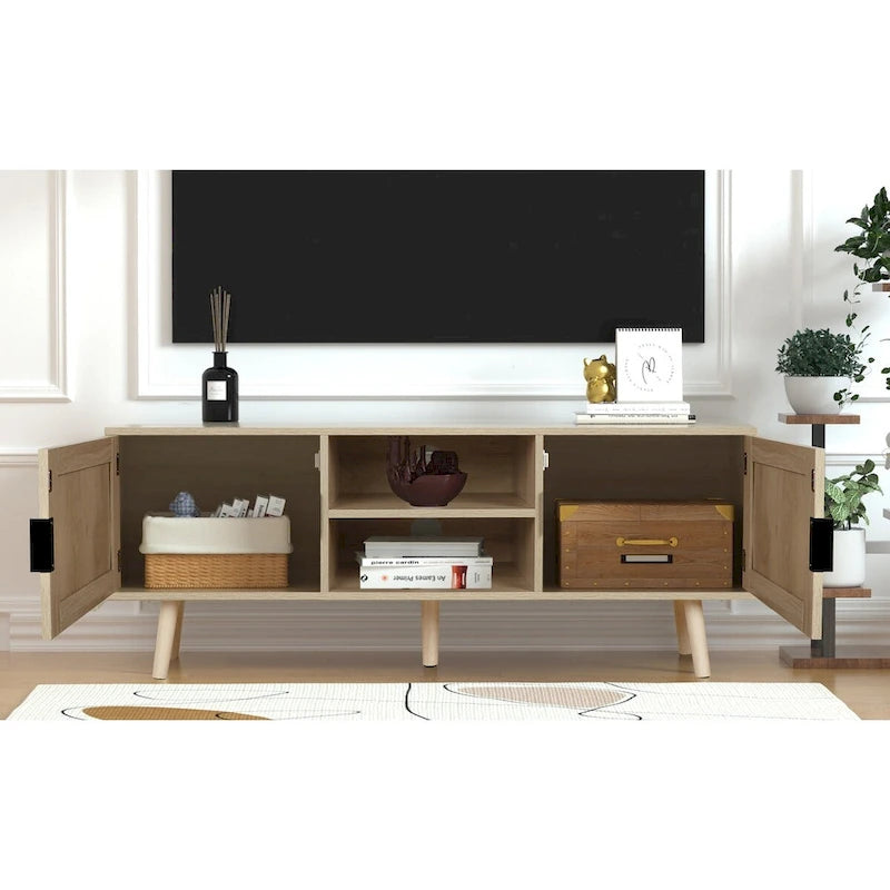 Meuble TV Boho 47" avec Portes en Rotin Chêne Naturel Meuble Console Multimédia