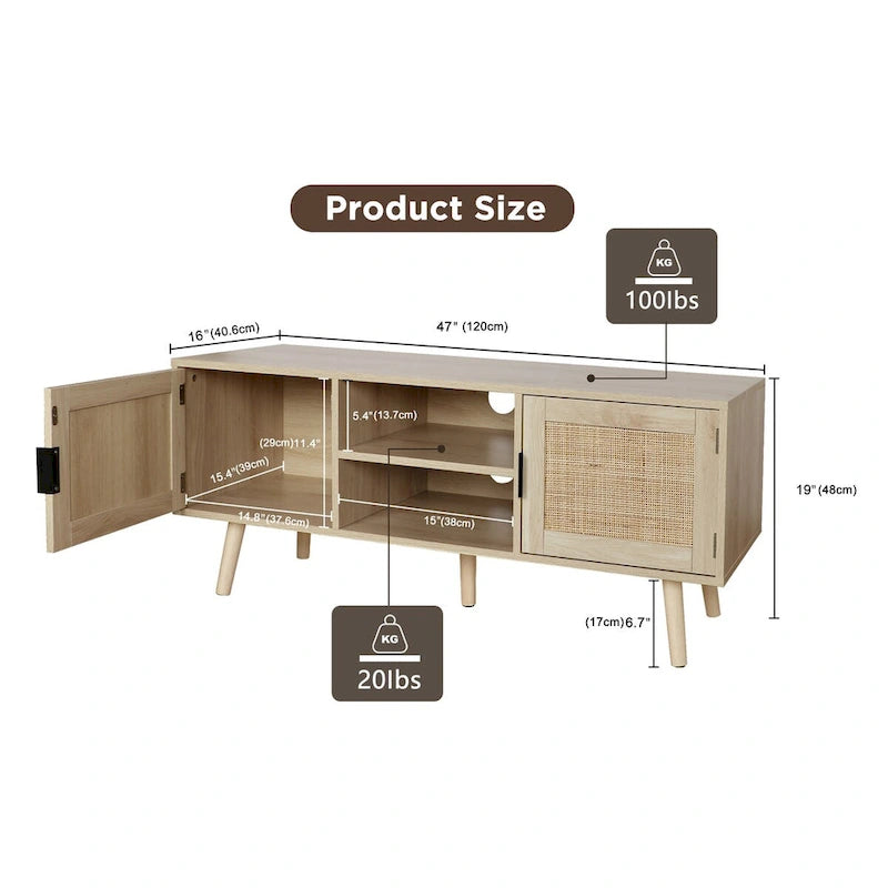 Meuble TV Boho 47" avec Portes en Rotin Chêne Naturel Meuble Console Multimédia