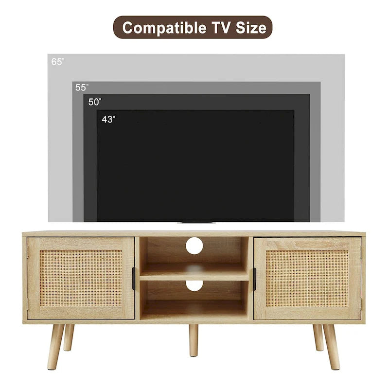Meuble TV Boho 47" avec Portes en Rotin Chêne Naturel Meuble Console Multimédia