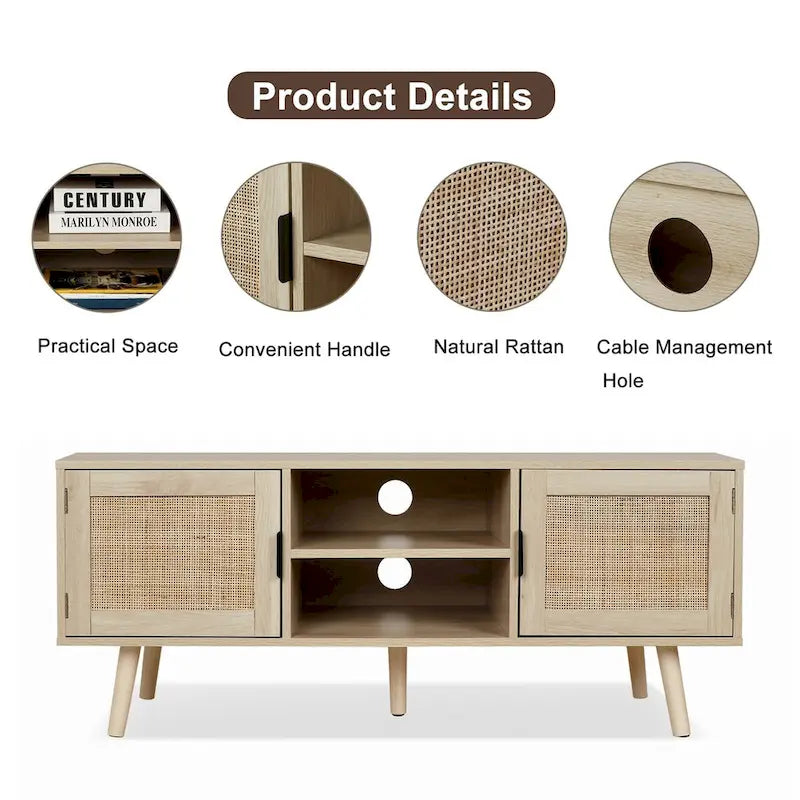 Meuble TV Boho 47" avec Portes en Rotin Chêne Naturel Meuble Console Multimédia