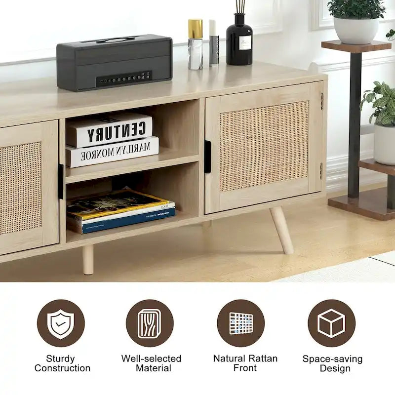 Meuble TV Boho 47" avec Portes en Rotin Chêne Naturel Meuble Console Multimédia