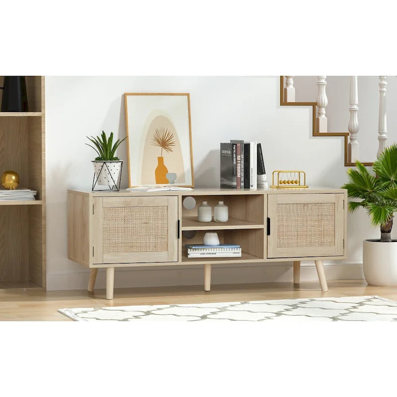 Meuble TV Boho 47" avec Portes en Rotin Chêne Naturel Meuble Console Multimédia