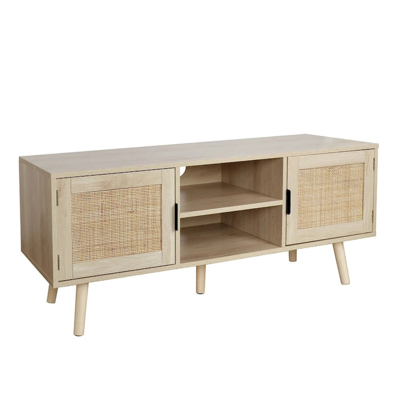 Meuble TV Boho 47" avec Portes en Rotin Chêne Naturel Meuble Console Multimédia