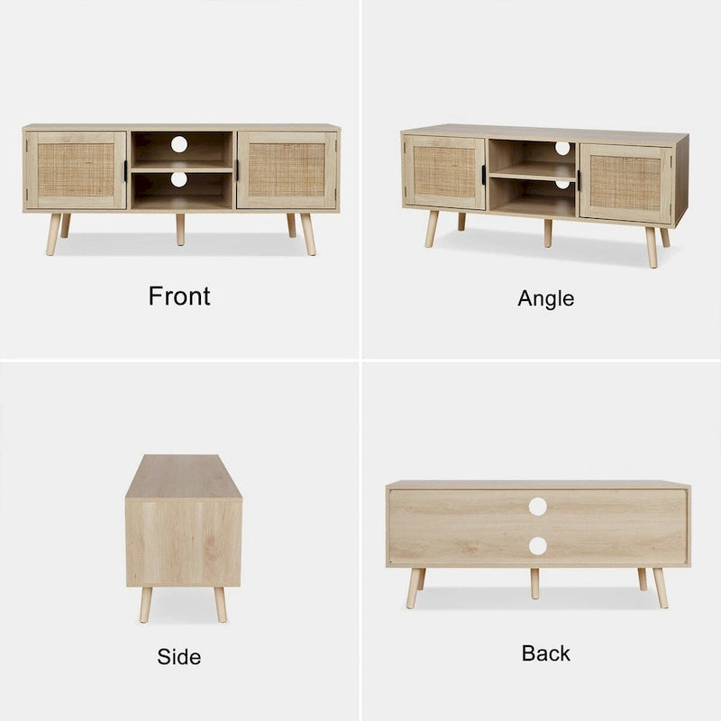 Meuble TV Boho 47" avec Portes en Rotin Chêne Naturel Meuble Console Multimédia