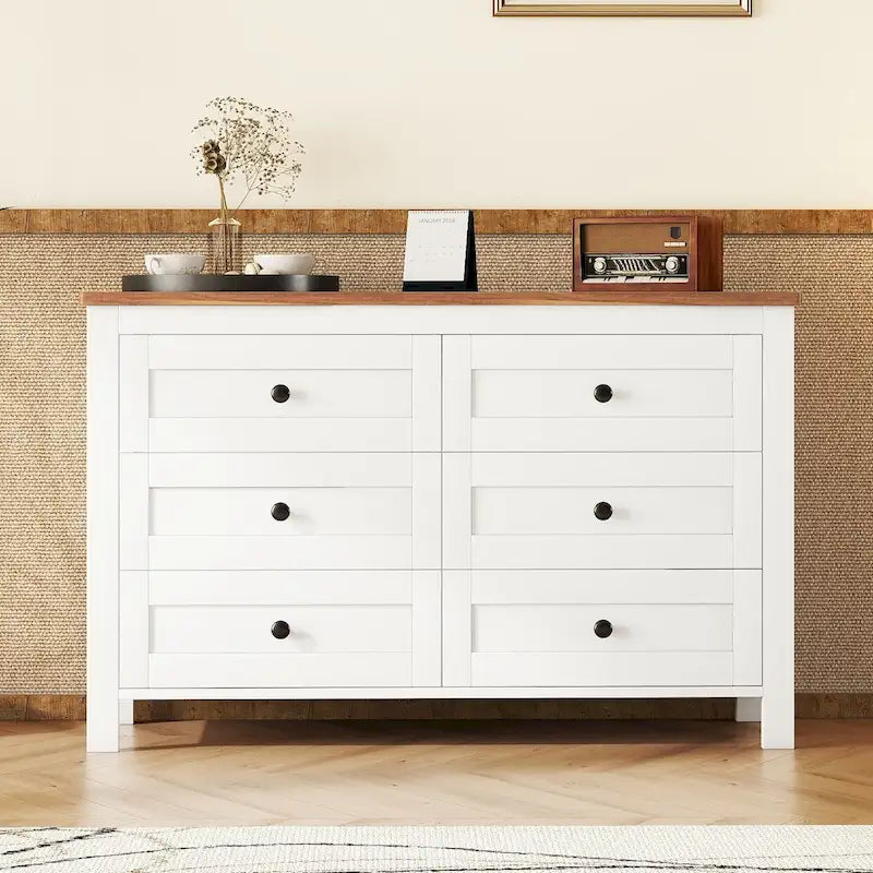 Commode en bois à 6 tiroirs, meuble de rangement blanc, style ferme, pour chambre à coucher