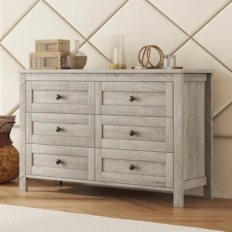 Commode en bois à 6 tiroirs, meuble de rangement blanc, style ferme, pour chambre à coucher