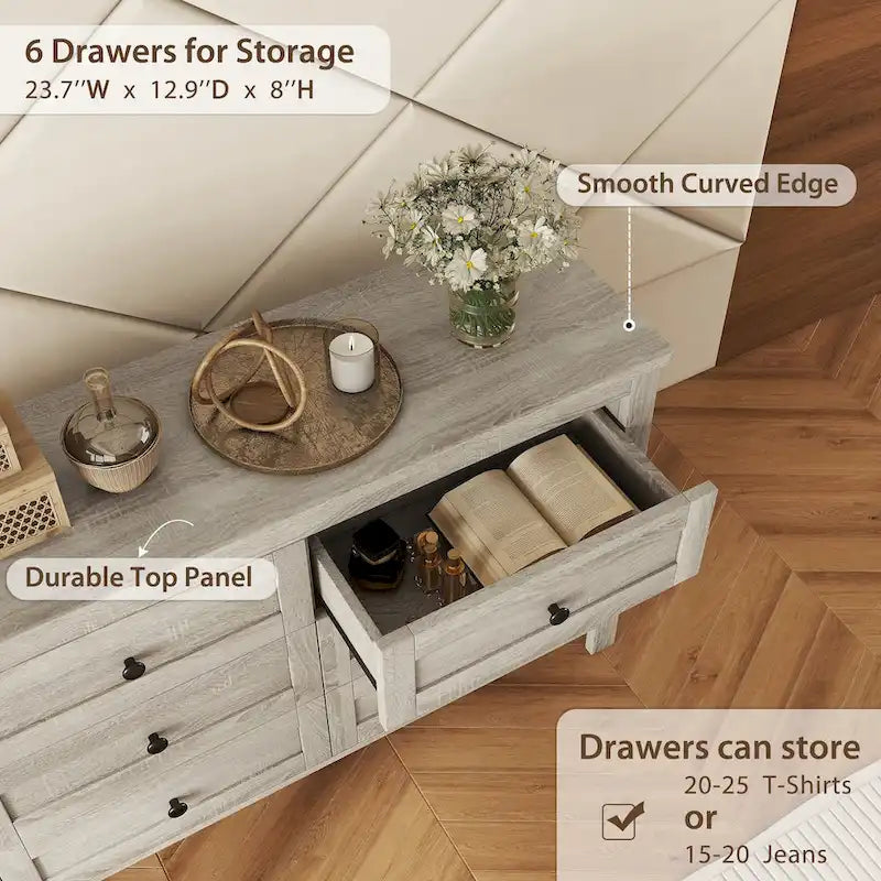 Commode en bois à 6 tiroirs, meuble de rangement blanc, style ferme, pour chambre à coucher