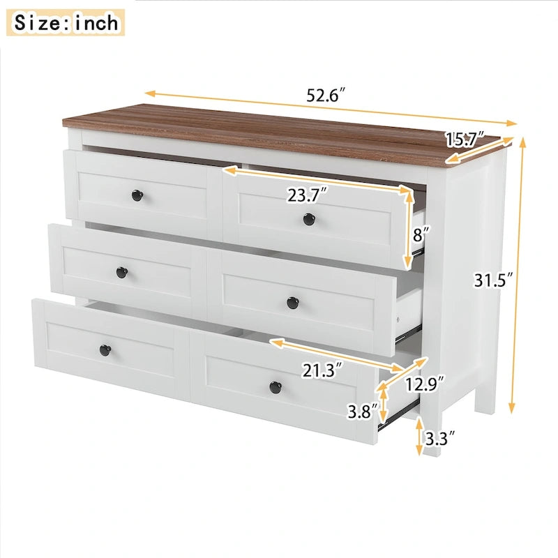 Commode en bois à 6 tiroirs, meuble de rangement blanc, style ferme, pour chambre à coucher