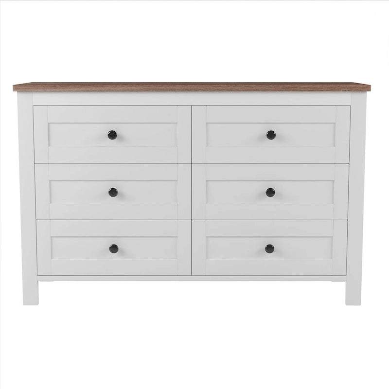 Commode en bois à 6 tiroirs, meuble de rangement blanc, style ferme, pour chambre à coucher