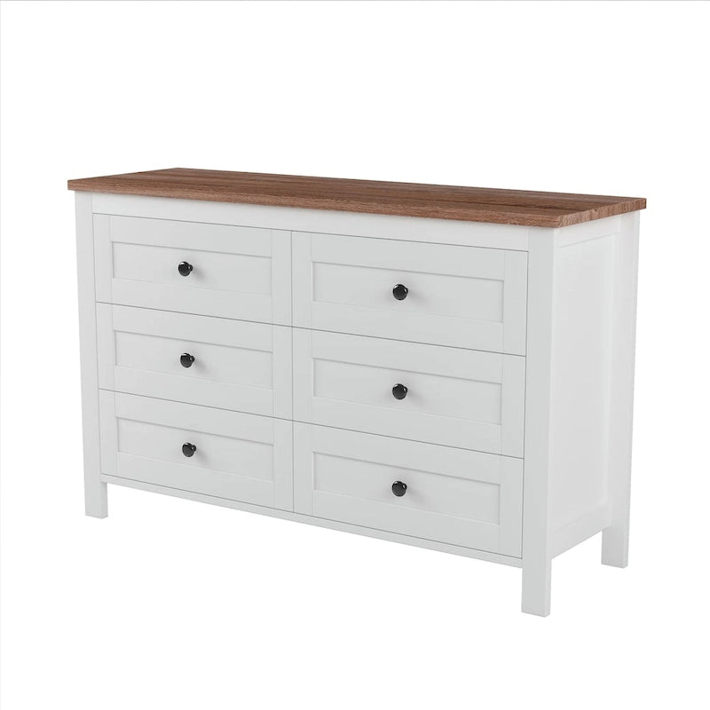 Commode en bois à 6 tiroirs, meuble de rangement blanc, style ferme, pour chambre à coucher