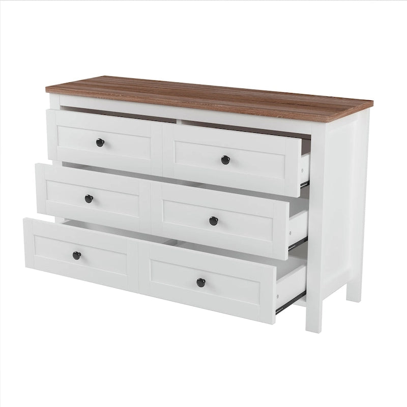 Commode en bois à 6 tiroirs, meuble de rangement blanc, style ferme, pour chambre à coucher