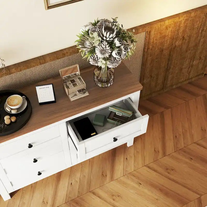 Commode en bois à 6 tiroirs, meuble de rangement blanc, style ferme, pour chambre à coucher