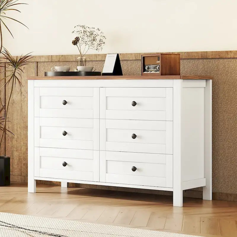 Commode en bois à 6 tiroirs, meuble de rangement blanc, style ferme, pour chambre à coucher
