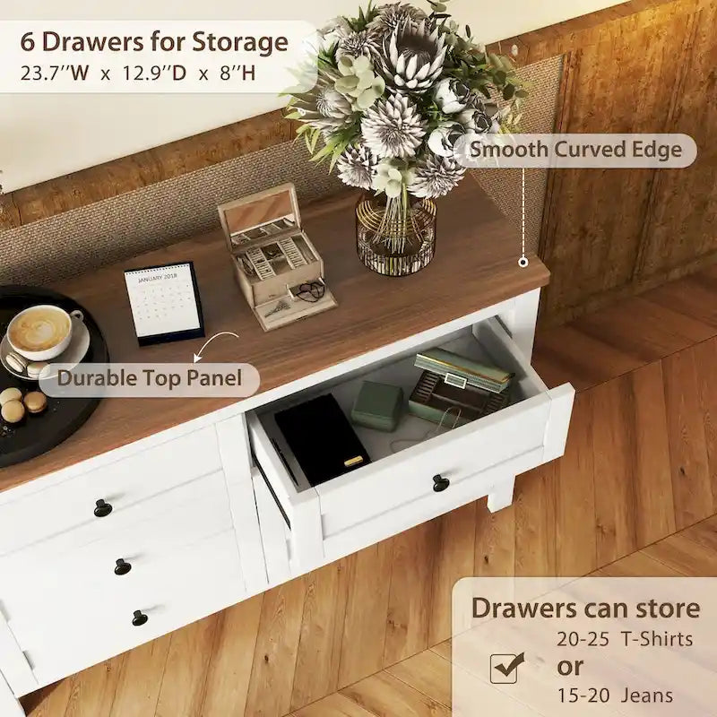 Commode en bois à 6 tiroirs, meuble de rangement blanc, style ferme, pour chambre à coucher