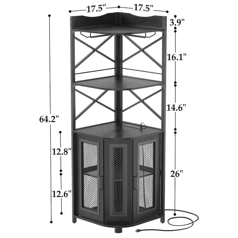 Meuble d'angle de bar noir avec casier à verres, étagères ouvertes et rangement