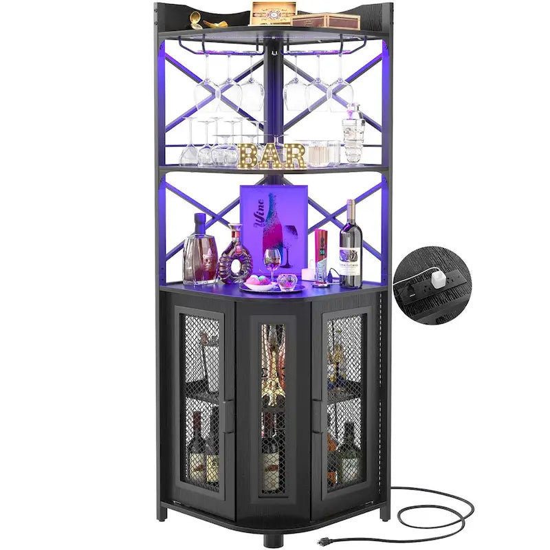 Meuble d'angle de bar noir avec casier à verres, étagères ouvertes et rangement