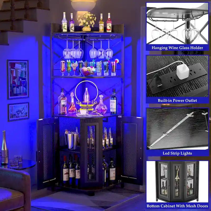 Meuble d'angle de bar noir avec casier à verres, étagères ouvertes et rangement