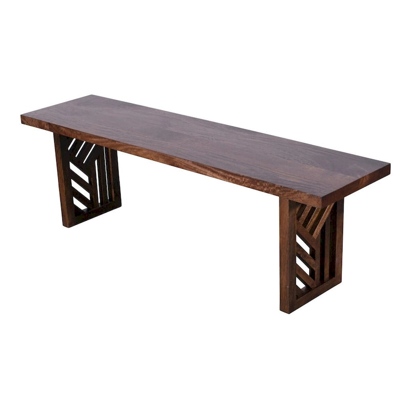 Banc de salle à manger en manguier massif, piètement géométrique, finition brun fumé