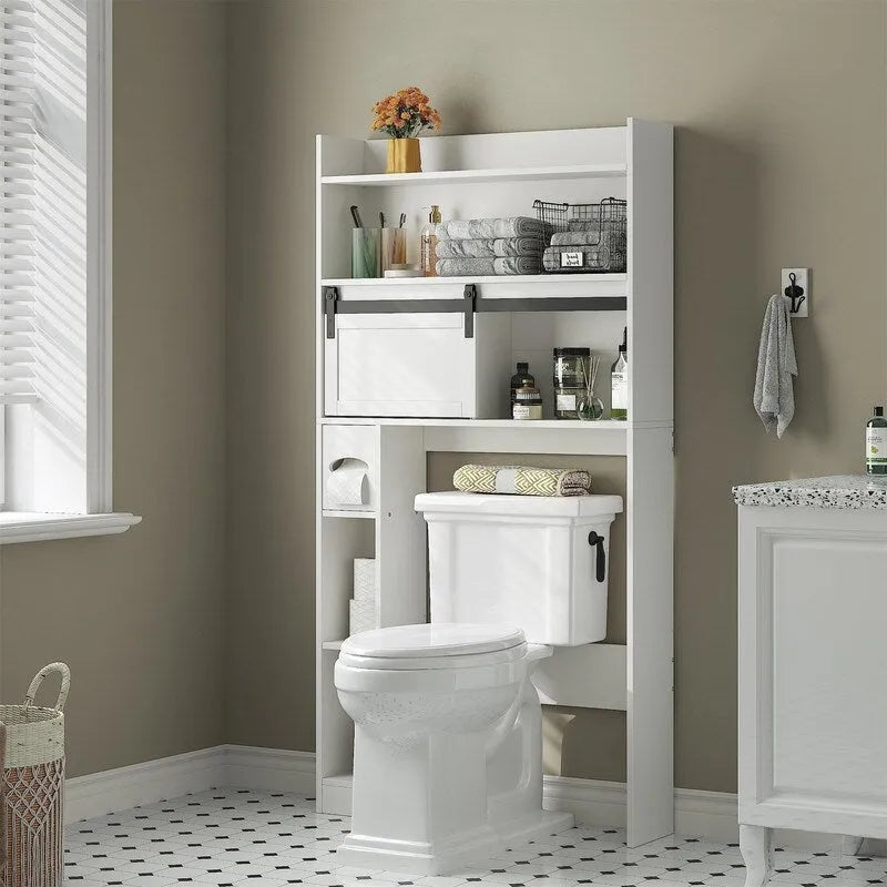 Meuble de rangement pour toilettes avec porte coulissante style grange et étagères ouvertes, Blanc
