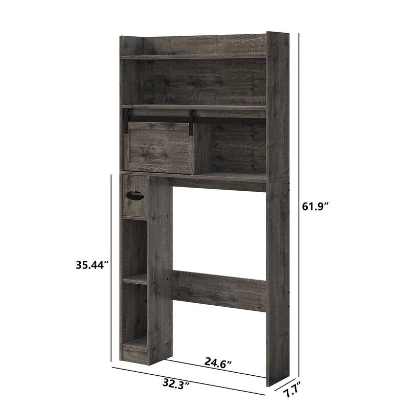 Meuble de rangement pour toilettes avec porte coulissante style grange et étagères ouvertes, Blanc