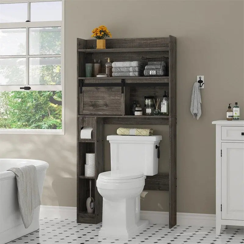 Meuble de rangement pour toilettes avec porte coulissante style grange et étagères ouvertes, Blanc