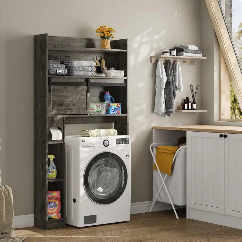 Meuble de rangement pour toilettes avec porte coulissante style grange et étagères ouvertes, Blanc