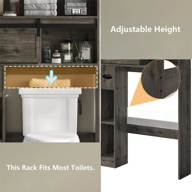 Meuble de rangement pour toilettes avec porte coulissante style grange et étagères ouvertes, Blanc