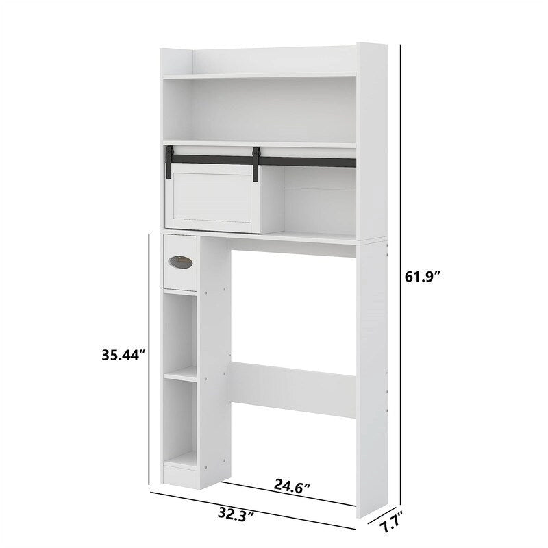 Meuble de rangement pour toilettes avec porte coulissante style grange et étagères ouvertes, Blanc