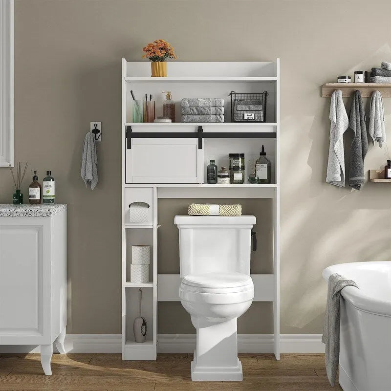 Meuble de rangement pour toilettes avec porte coulissante style grange et étagères ouvertes, Blanc